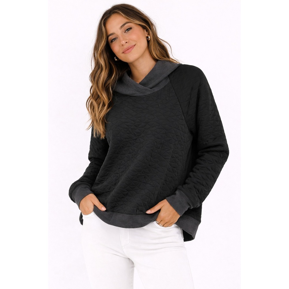 Lucy Hoodie Women's L Quilted‎ Long Sleeve Sweatshirt Black Gray Pullover